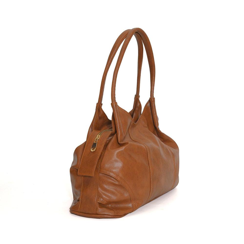 Brown leather handbag on a white background