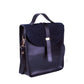 Navy blue backpack with gold accents on a white background