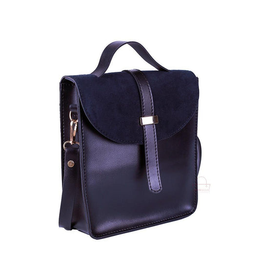 Navy blue backpack with gold accents on a white background