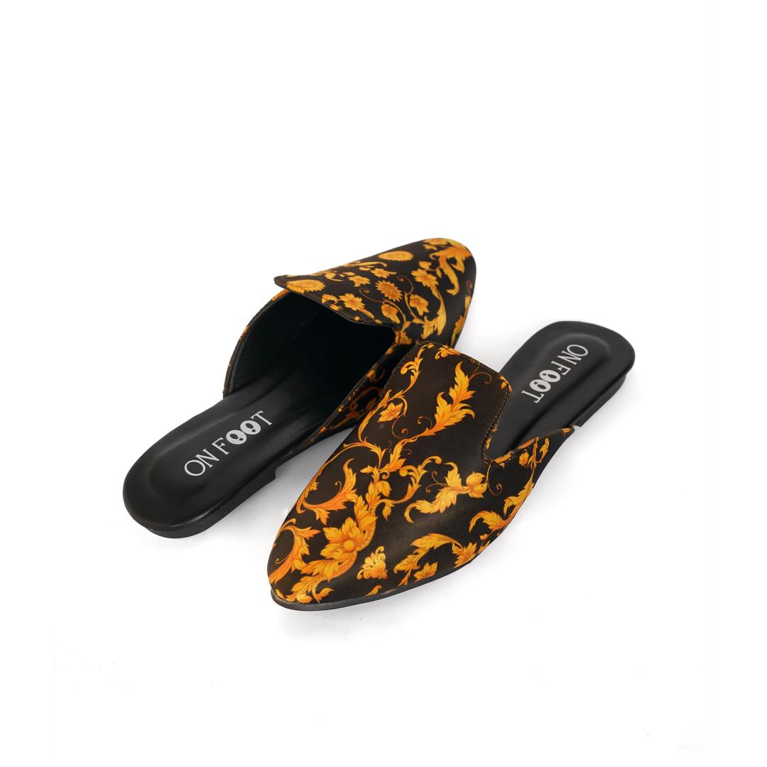 Pair of black and gold patterned slippers with 'ON FOOT' branding on a white background