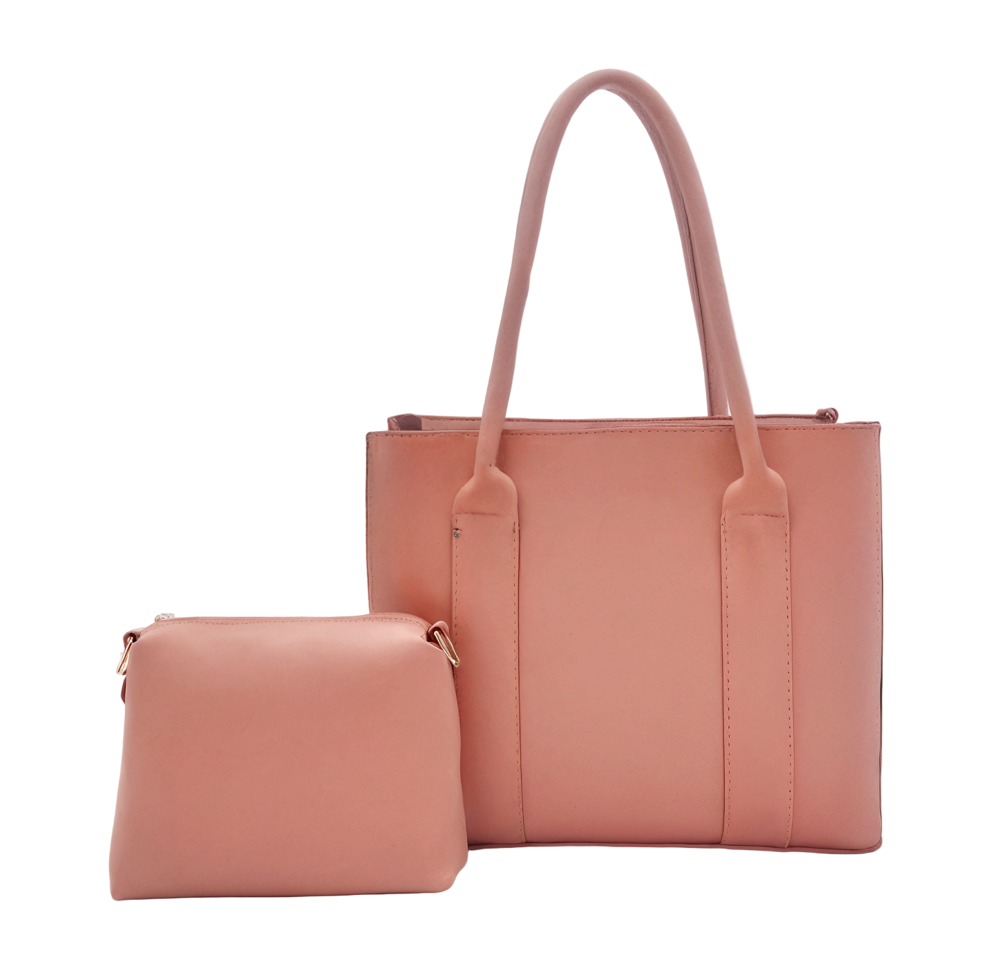 Set of pink handbag set and matching pouch on a white background