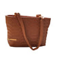 Brown quilted handbag with a gold zipper on a white background