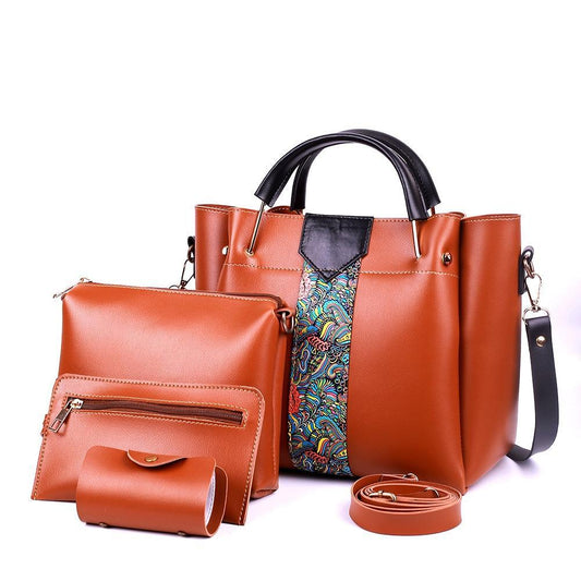 4 piece tan handbag set for women with tote, crossbody, clutch, and pouch