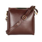 Brown leather handbag with a gold buckle on a white background