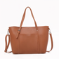 Brown leather tote bag with shoulder strap on a white background