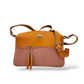 Two-tone handbag with orange top section and pink bottom section on a white background