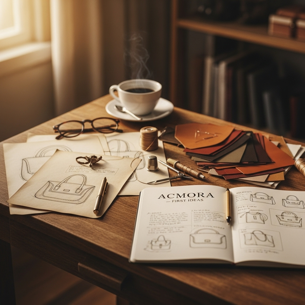 Desk with design sketches, coffee and leather samples in a warm, indoor setting.