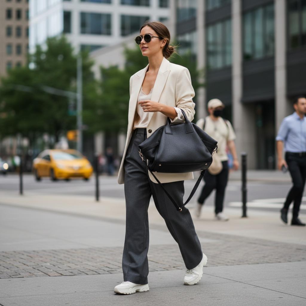 Lady walking in urban area with ACMORA handbag.