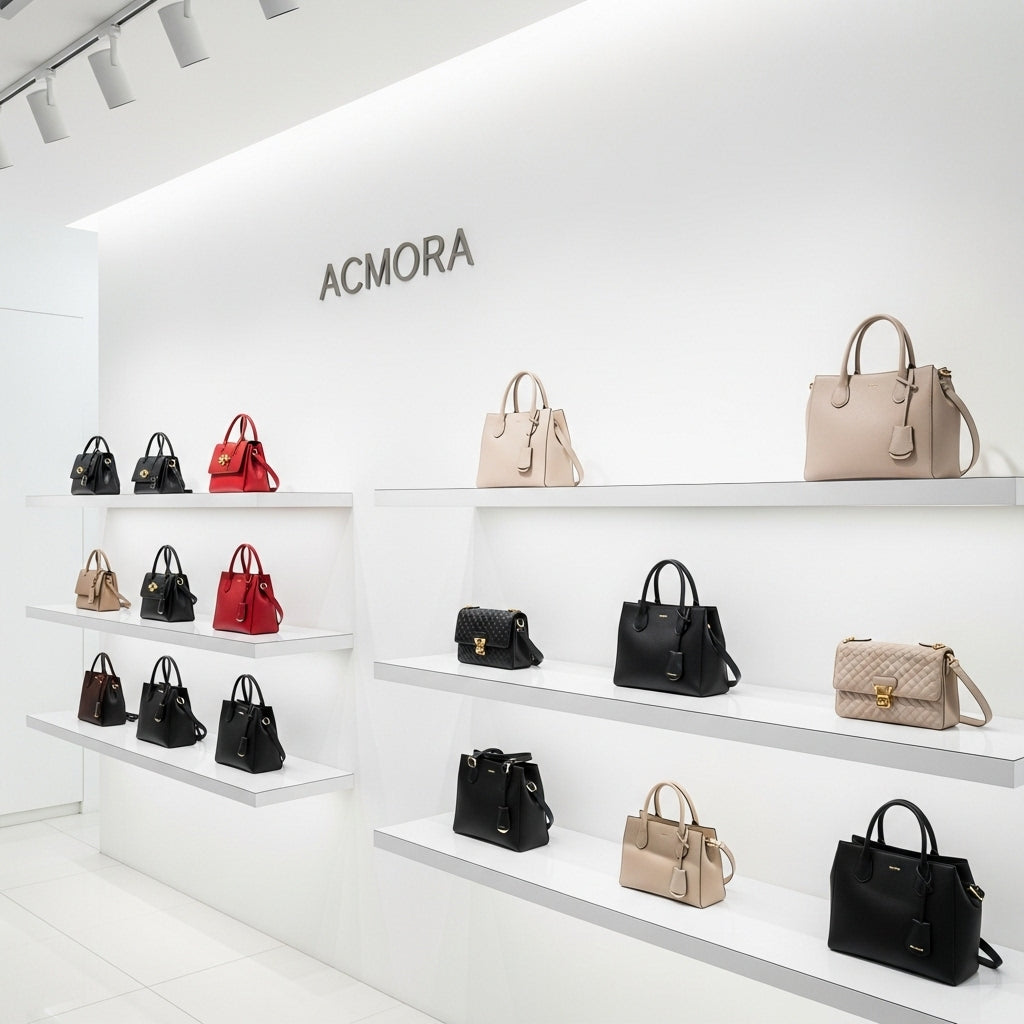 Display of handbags on shelves with 'ACMORA' branding in the background.