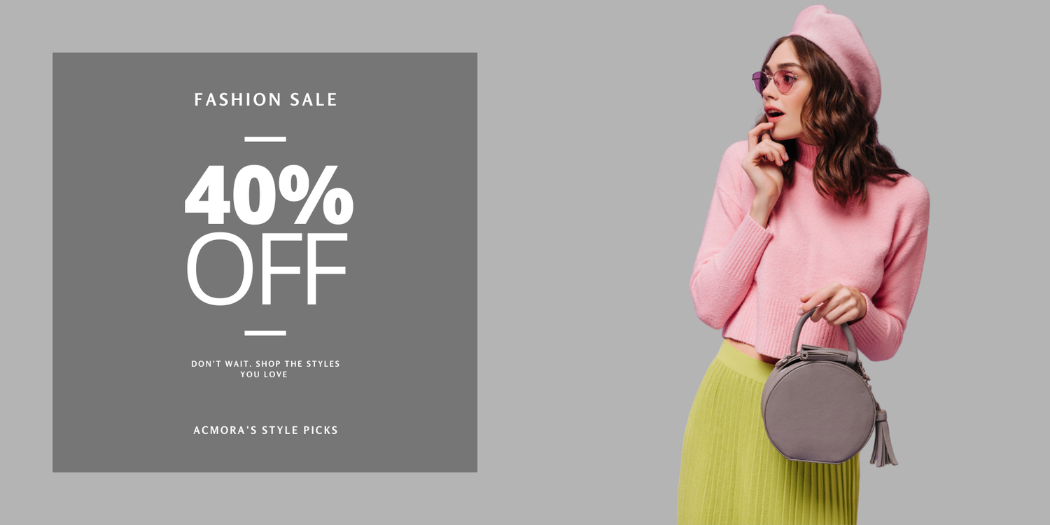 Woman in pink jacket and green skirt holding a handbag with fashion sale text on gray background