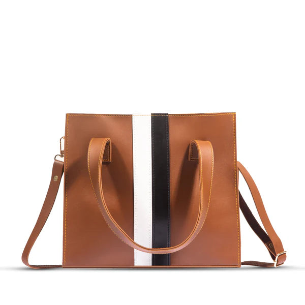Brown leather tote bag with a black stripe on a white background