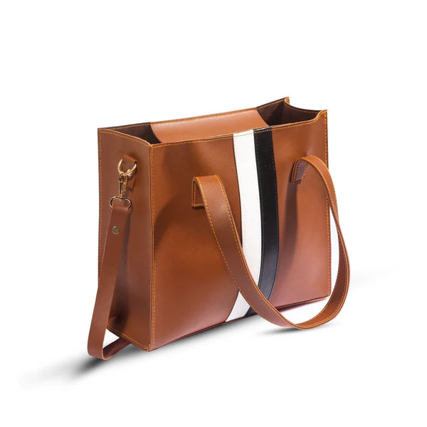 Brown leather tote bag with a strap on a white background