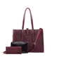 Set of maroon handbag and matching pouch on a white background