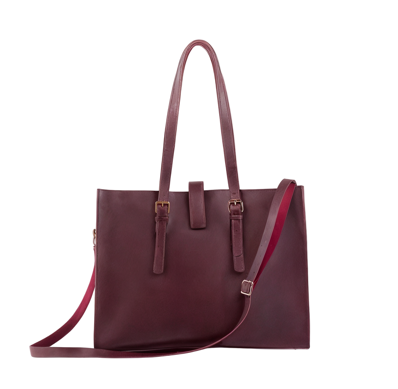 Maroon handbag with a strap on a white background