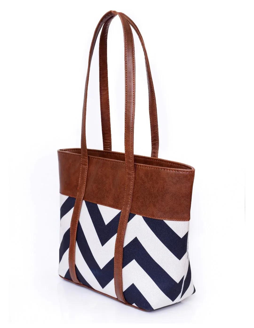 Chevron pattern tote bag with tan PU leather and long handles