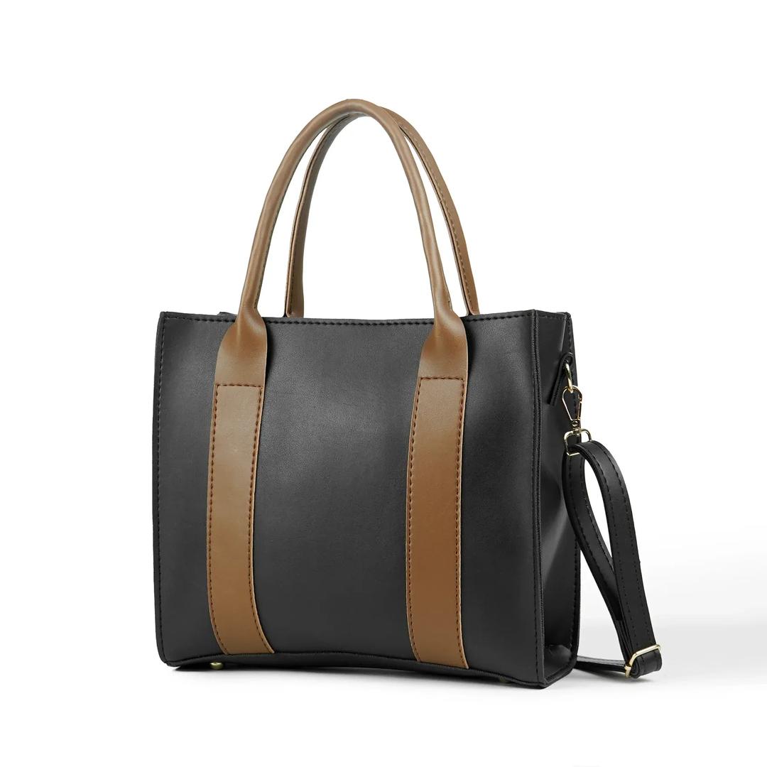 Elegant black and brown tote handbag with faux-leather finish
