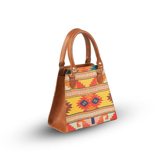 Handbag with a colorful pattern on a white background