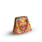 Colorful patterned handbag with brown handle on a white background