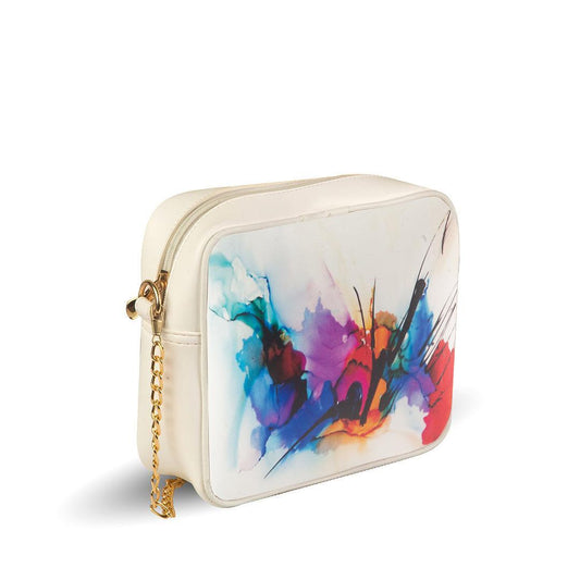 Cream-colored pouch with colorful abstract design on a white background