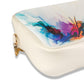 Clutch bag with colorful abstract design on a white background