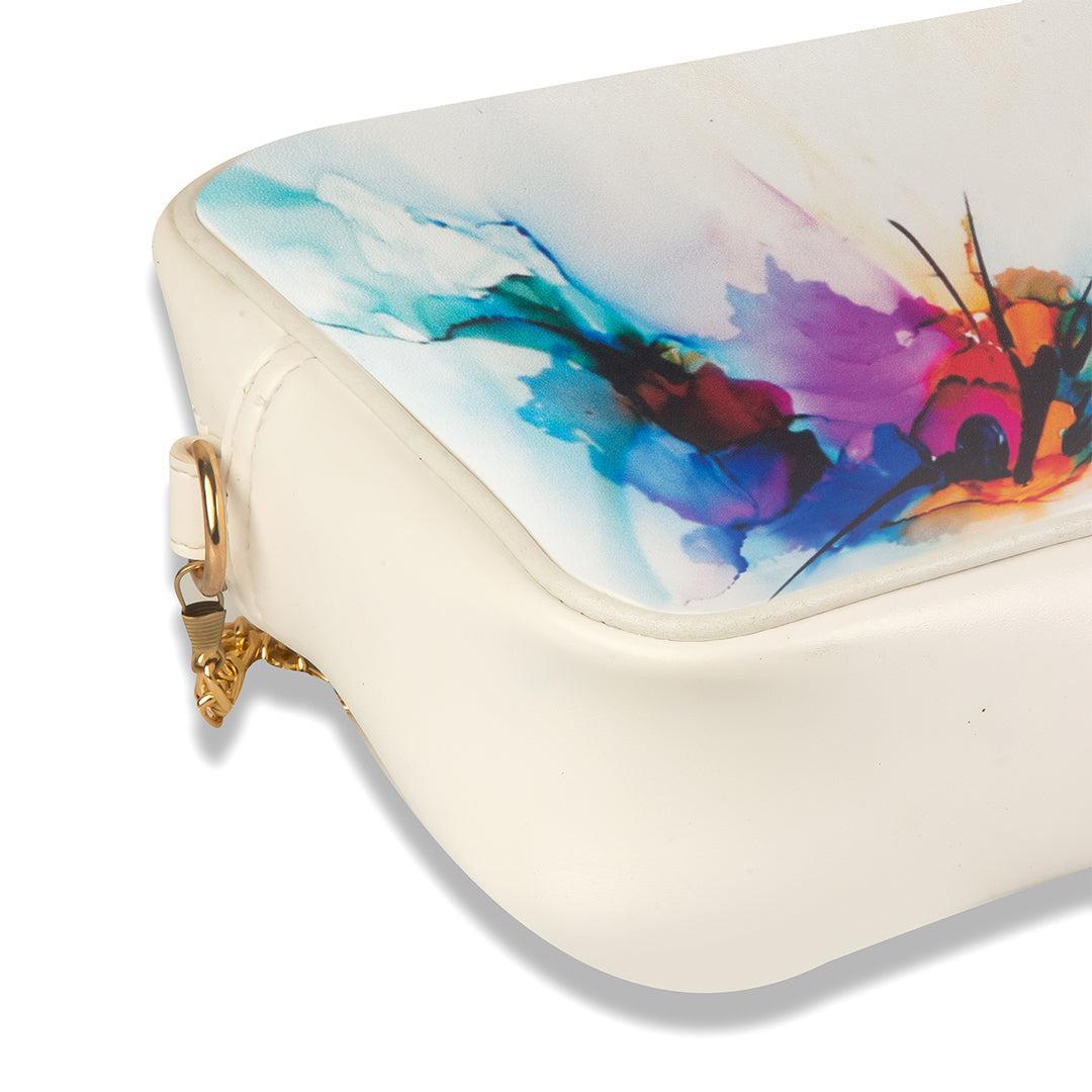Clutch bag with colorful abstract design on a white background