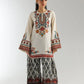 Woman wearing a traditional embroidered outfit with a white background